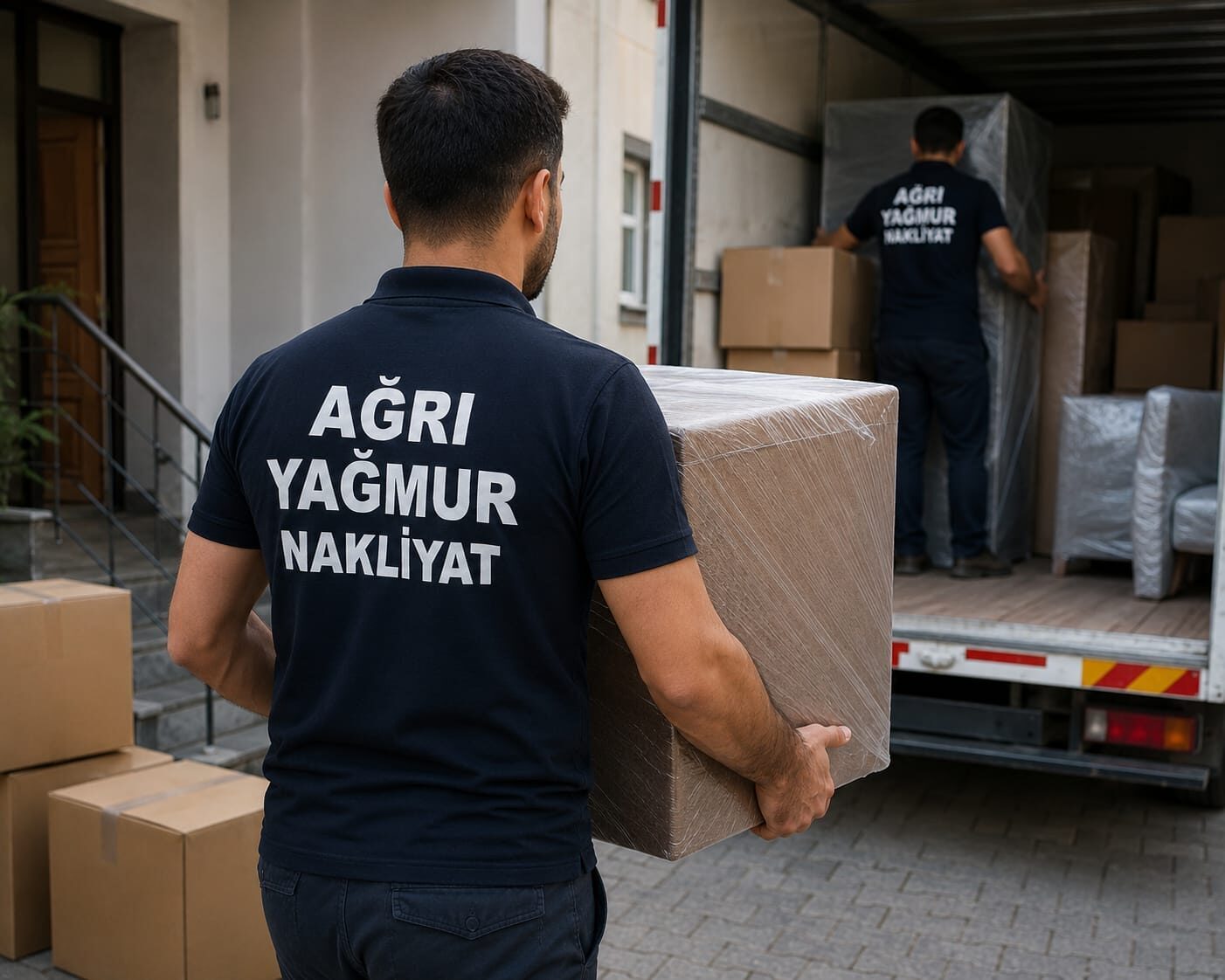 Ağrı Yağmur Nakliyat ekibi kamyona eşya yüklüyor